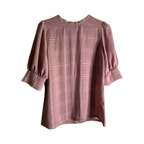Pink Check Puff Sleeve Keyhole Back Button Blouse Sz Small Office Work Shirt - Picture 1 of 4